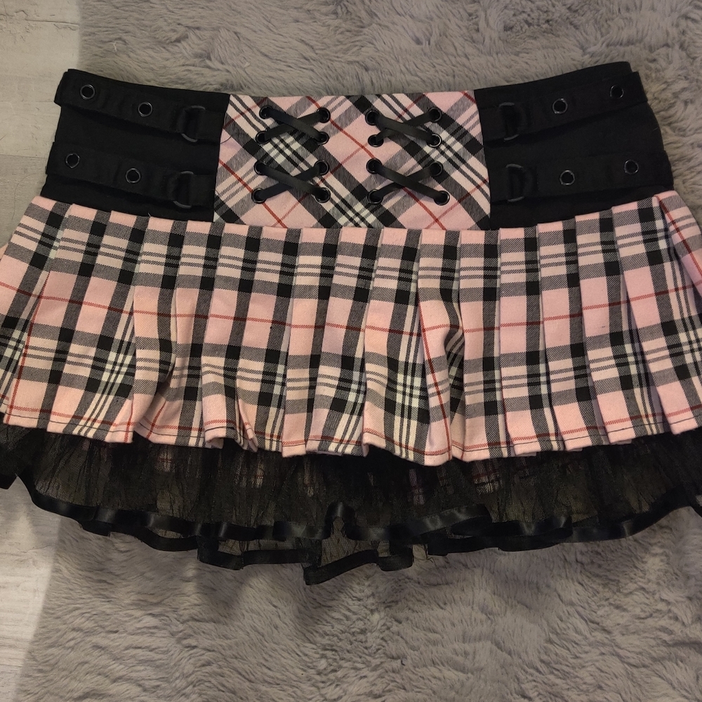 SOLD!! Vintage JAWBREAKER Mini Skirt Hot Topic Black Pink Plaid Skirt Large Goth